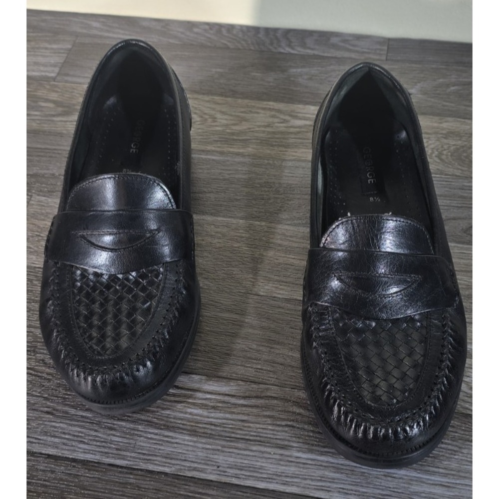 George Men's Leather Slip-On Loafers US 8.5W Black Penny Loafer Woven Toe